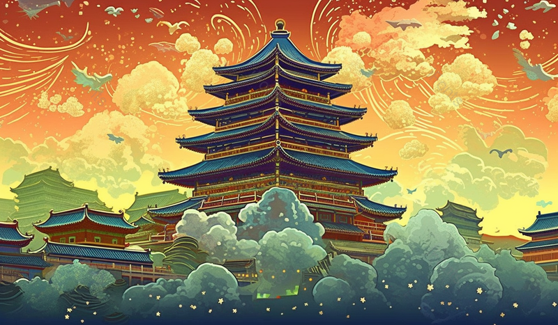 长安京都城墙浪花古典复古中国风国潮楼阁阁楼插画,插画/手绘图,插画/手绘图库,插画/手绘图下载,插画/手绘